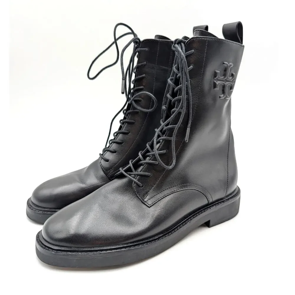 Tory Burch Double-T Lace-Up Combat Boots Women's Black Size US8M EU38.5